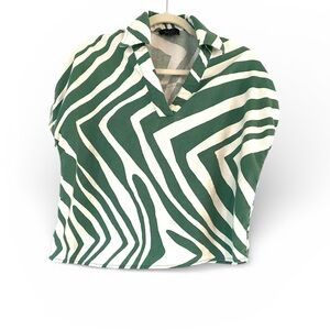 Rachel Roy Linen Tropical Cuffed Sleeve Boxy Collard V Neck Shirt Women’s Medium